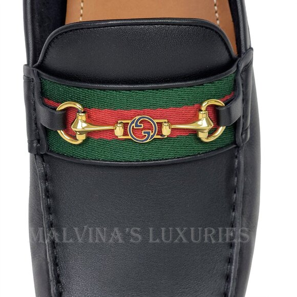 GUCCI SHOES MENS BLACK LEATHER HORSEBIT LOGO DRIVER LOAFERS w WEB sz 13 13.5 - Picture 12 of 16